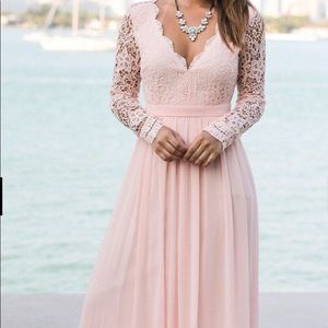 Blush Pink Long Sleeve Lace Maxi Dress